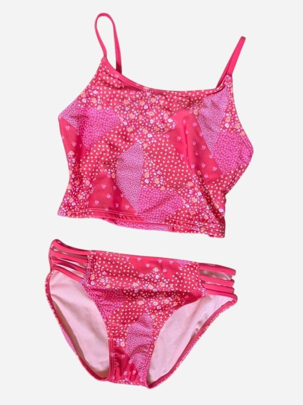 Girls Hot Pink Floral Tankini Bikini Set with Triple-Strap Bottom